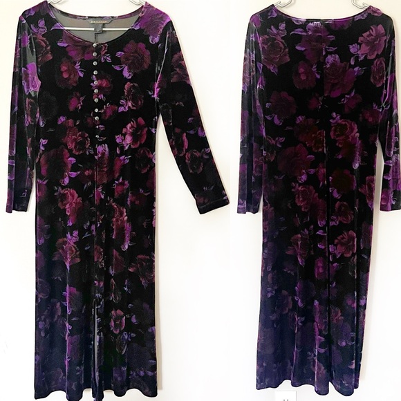 Vintage Velvet Black Purple Floral Maxi Dress Dark Romantic Whimsigoth Vamp 10 - Picture 1 of 12
